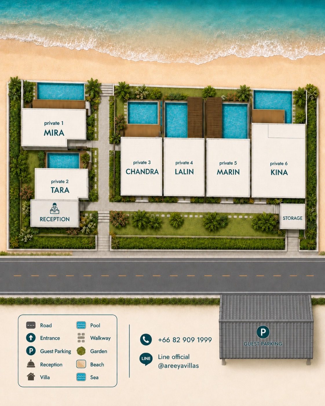 Areeya Beachfront Villas resort map showing Mira, Tara, Chandra, Lalin, Marin and Kina villas with reception, private pools, garden, beach and guest parking